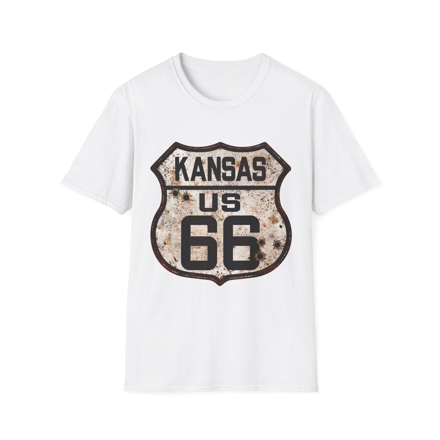 Vintage Kansas Route 66 Tee, Rusty Look with Bullet Holes on Route 66 Shield Unisex Softstyle T-Shirt