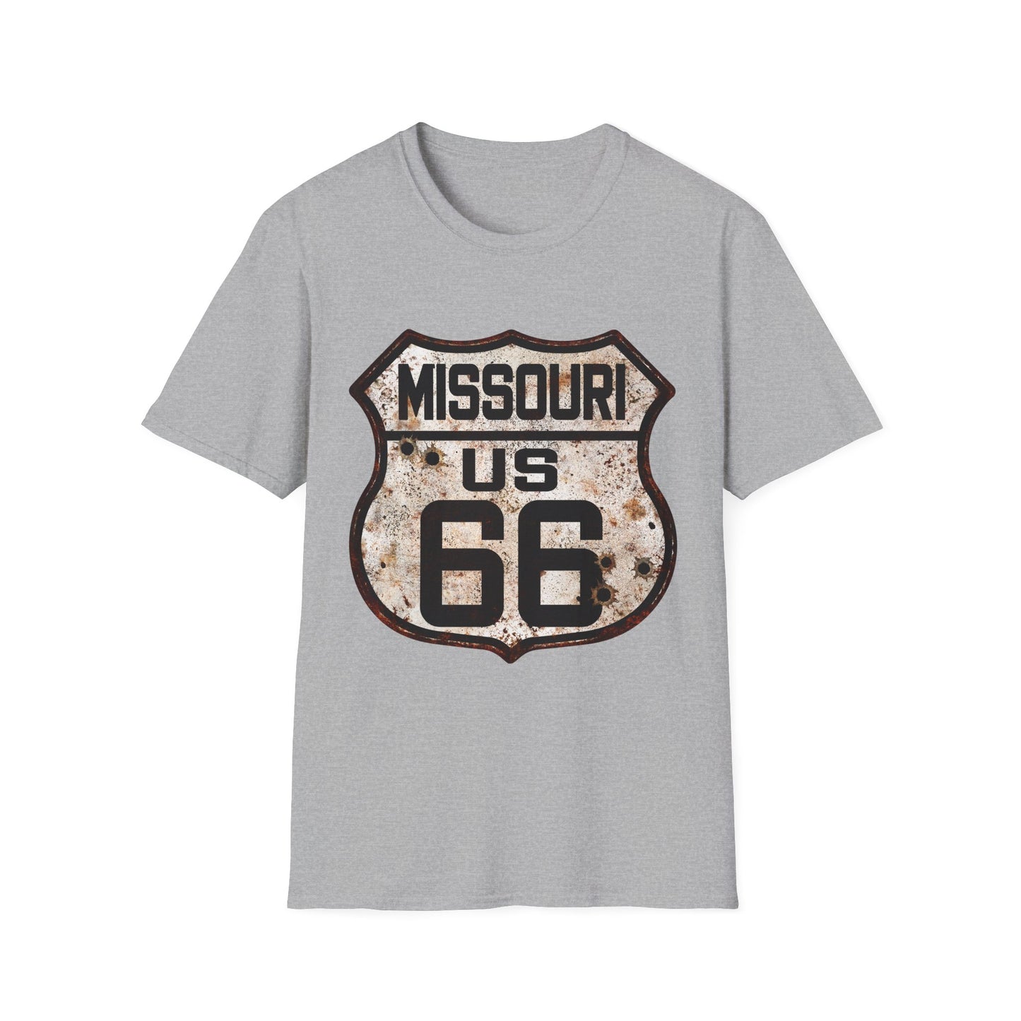 Vintage Missouri Route 66 Tee, Rusty Look with Bullet Holes on Route 66 Shield Unisex Softstyle T-Shirt