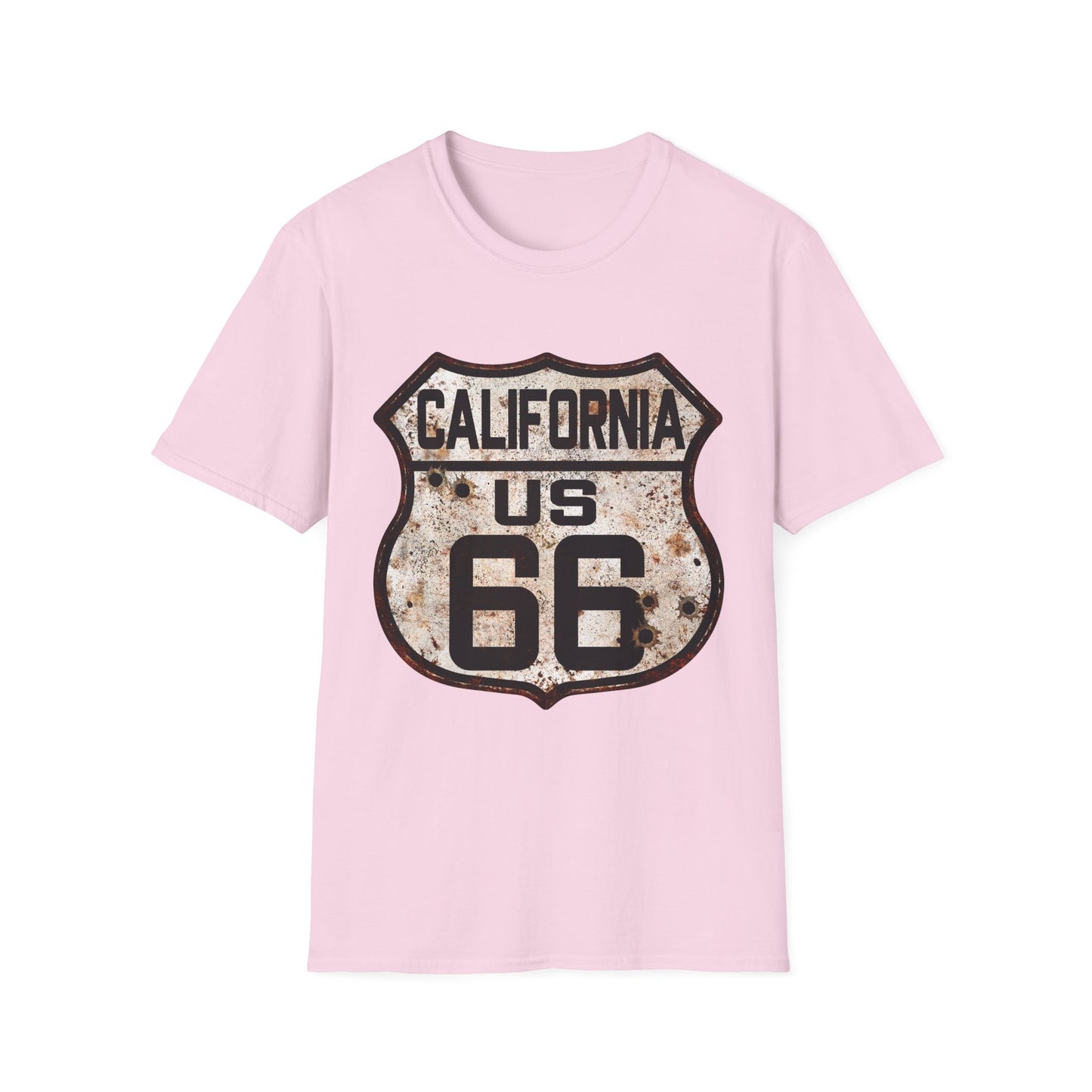 Vintage California Route 66 Tee, Rusty Look with Bullet Holes on Route 66 Shield Unisex Softstyle T-Shirt