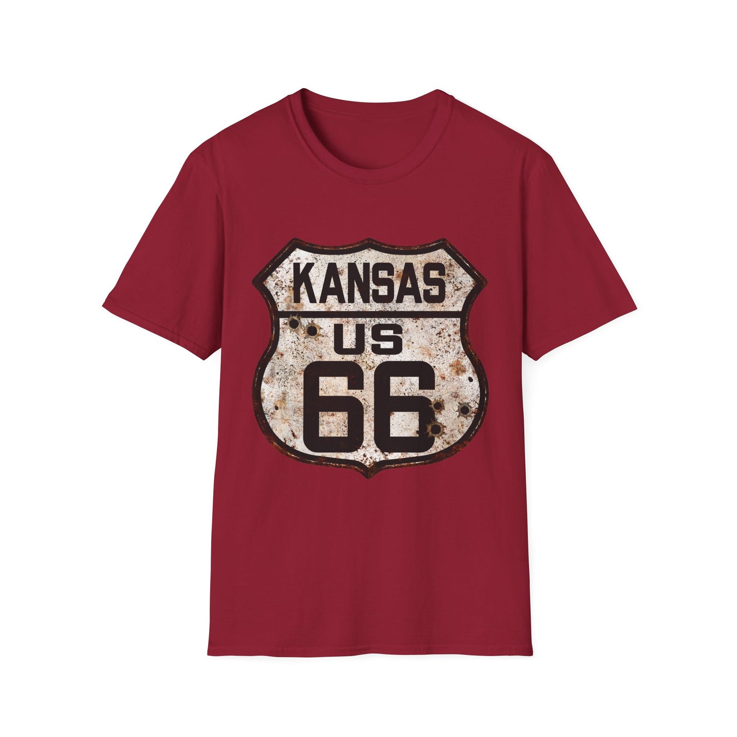 Vintage Kansas Route 66 Tee, Rusty Look with Bullet Holes on Route 66 Shield Unisex Softstyle T-Shirt