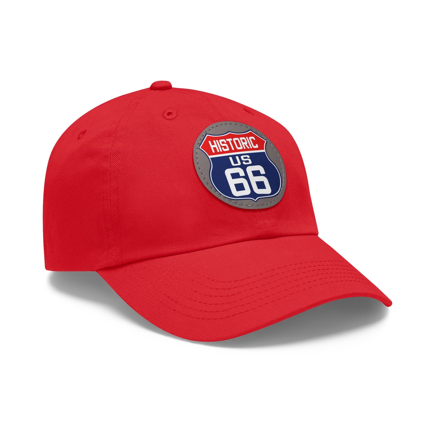 Route 66 Inspired Dad Hat in Red, White and Blue Dad Hat with Leather Patch (Round)