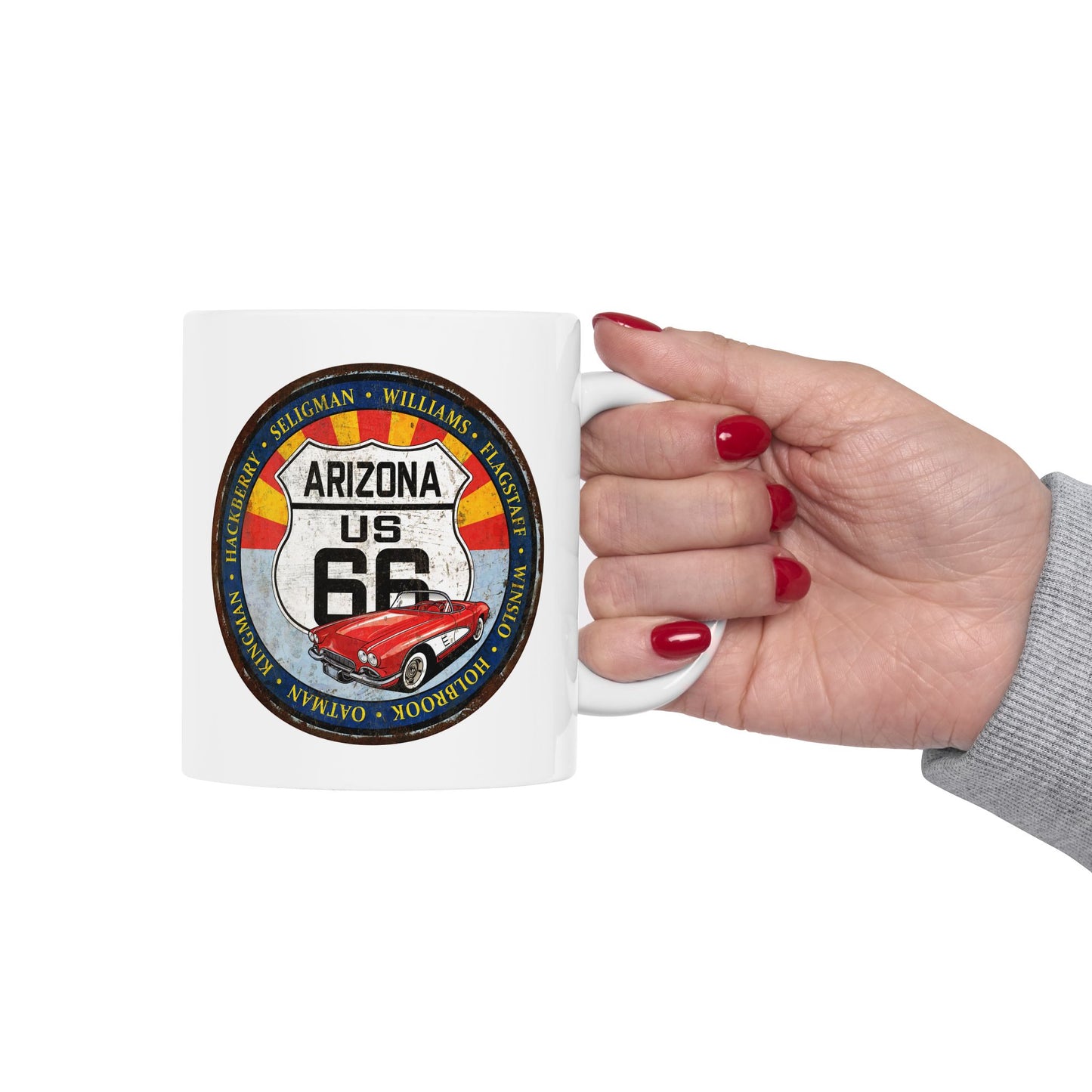 Retro Arizona Route 66 Sign Coffee Mug - Vintage Round Style Ceramic Mug, (11oz, 15oz)