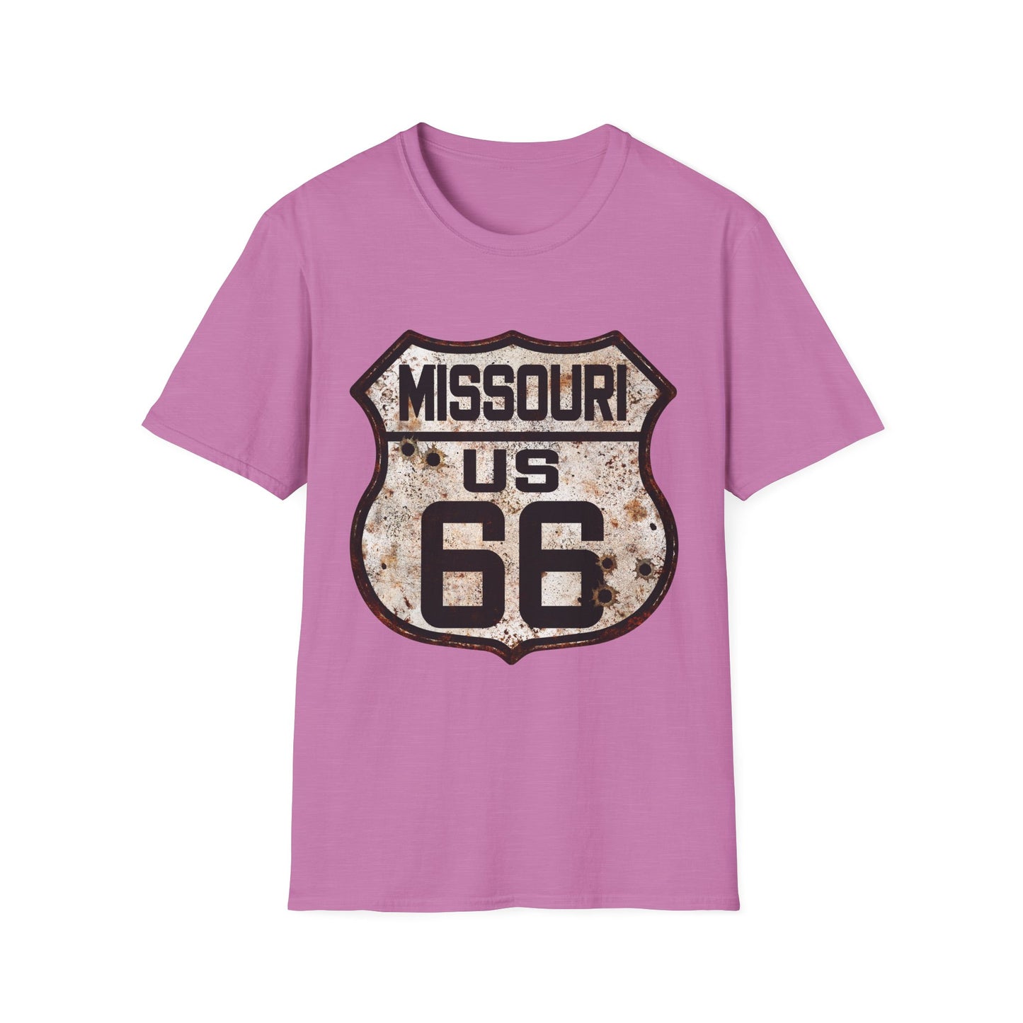 Vintage Missouri Route 66 Tee, Rusty Look with Bullet Holes on Route 66 Shield Unisex Softstyle T-Shirt