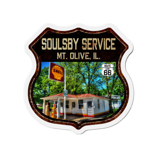 Vintage Rusty Soulsby Service Station Die-Cut Magnet - Route 66 Highway Shield Illinois