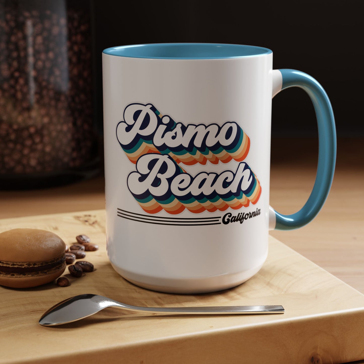 Coffee Mug, Pismo Beach Retro 80s Vibe Big Text, Tea Cup, Hot Chocolate Mug, Unique Gift for Beach Lovers, Birthday Gift for Coffee