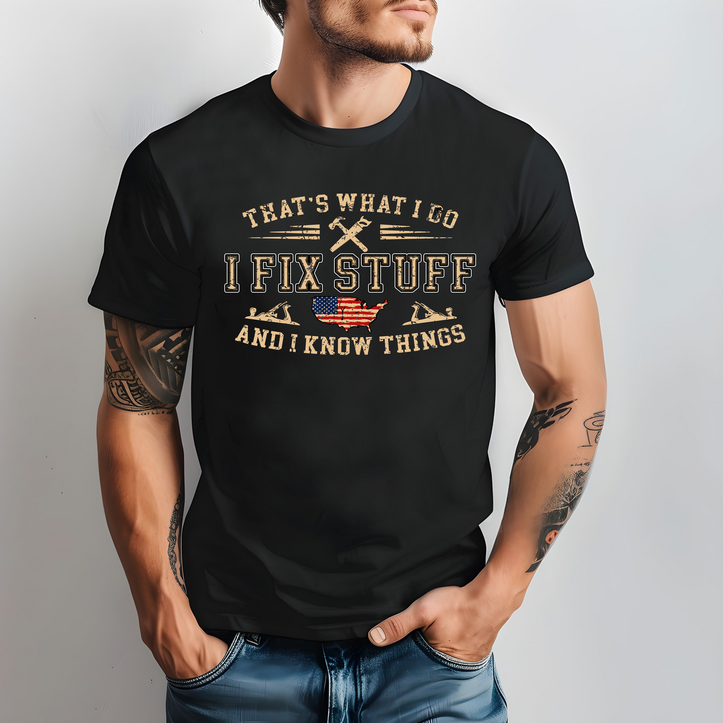 I Fix Stuff And I Know Things Unisex Jersey Tee - Perfect for DIY Enthusiasts, Dads, Handyman, Carpenters Gift for Him