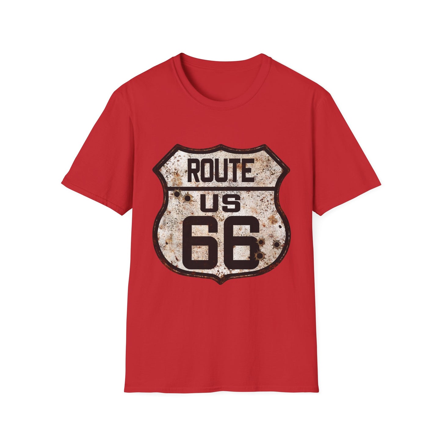 VIntage Route 66 Tee, Rusty Look with Bullet Holes on Route 66 Shield Unisex Softstyle T-Shirt