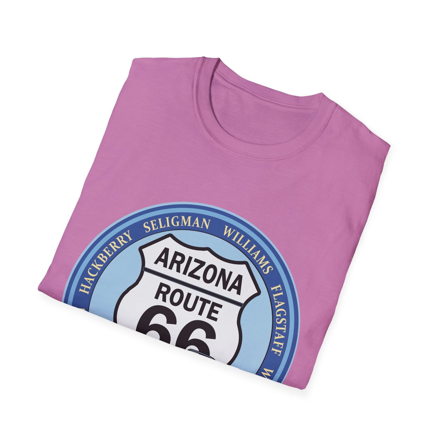 Arizona Route 66 Tee Round Route 66 Sign with City Names Unisex Softstyle T-Shirt