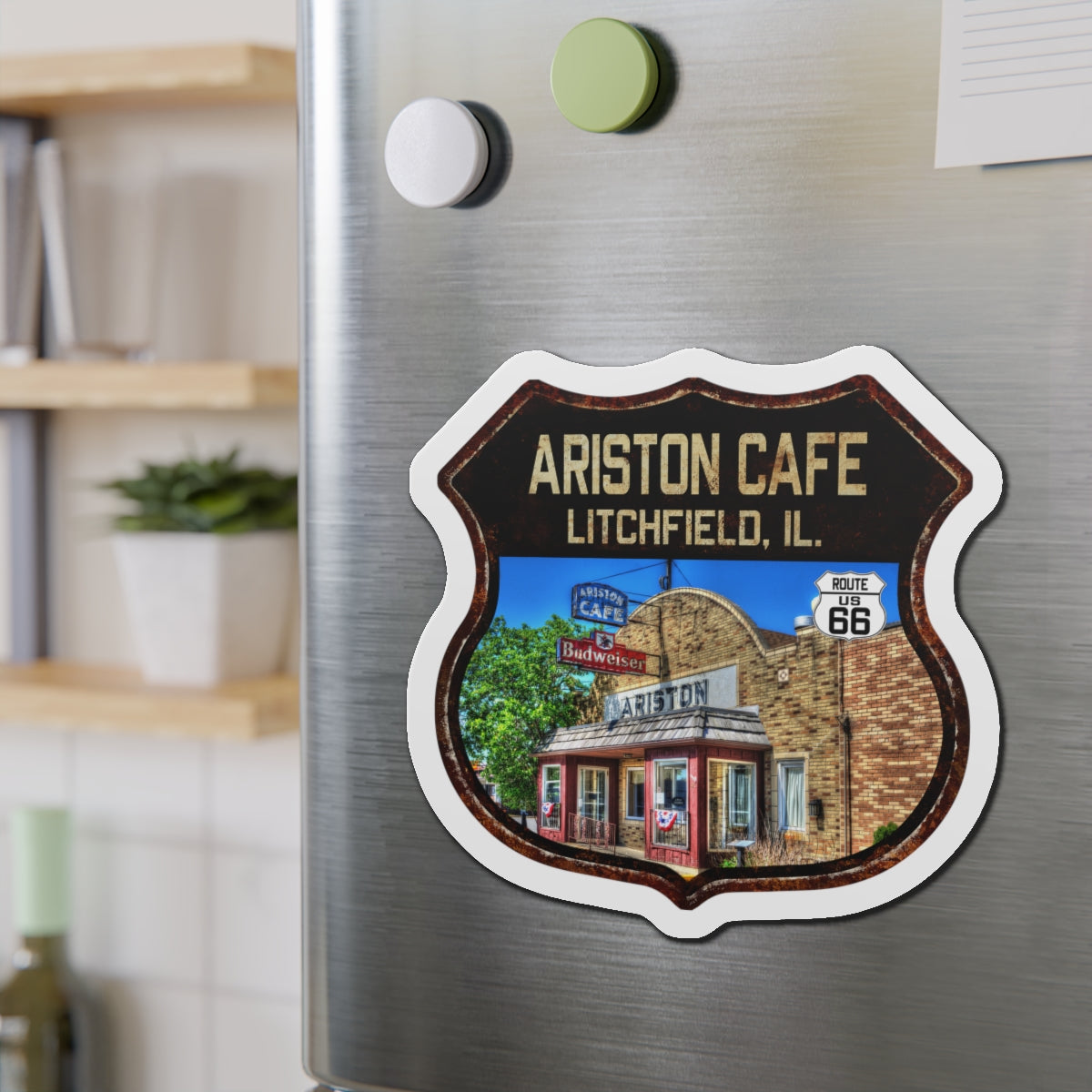 Vintage Ariston Cafe Die-Cut Magnet - Route 66 Highway Shield Illinois