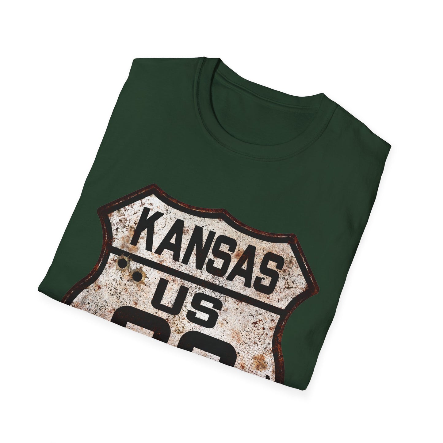 Vintage Kansas Route 66 Tee, Rusty Look with Bullet Holes on Route 66 Shield Unisex Softstyle T-Shirt