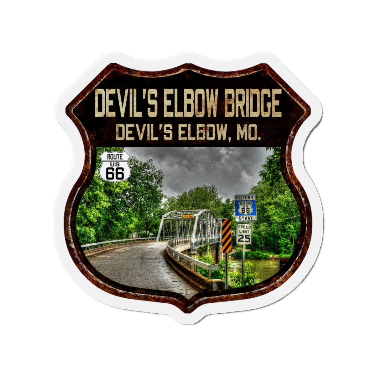 Vintage Devil's Elbow Bridge Die-Cut Magnet - Route 66 Highway Shield Missouri