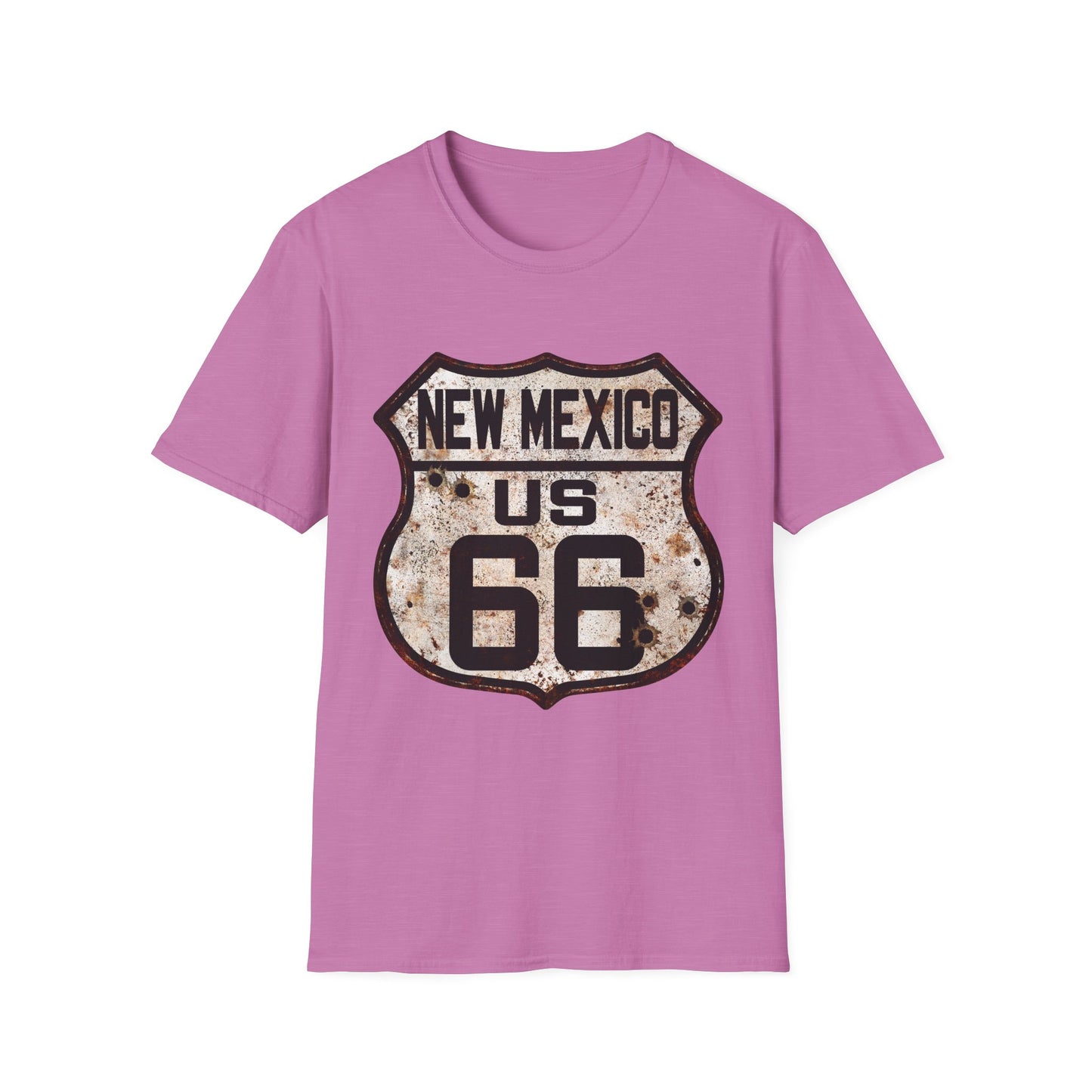 Vintage New Mexico Route 66 Tee, Rusty Look with Bullet Holes on Route 66 Shield Unisex Softstyle T-Shirt