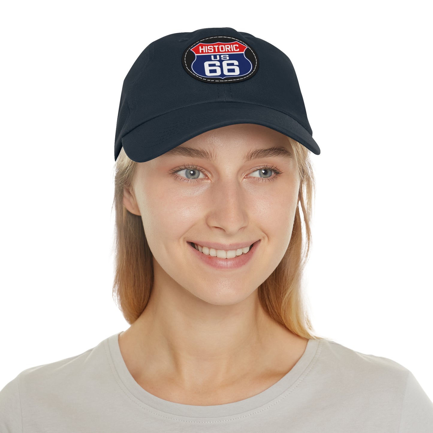 Route 66 Inspired Dad Hat in Red, White and Blue Dad Hat with Leather Patch (Round)