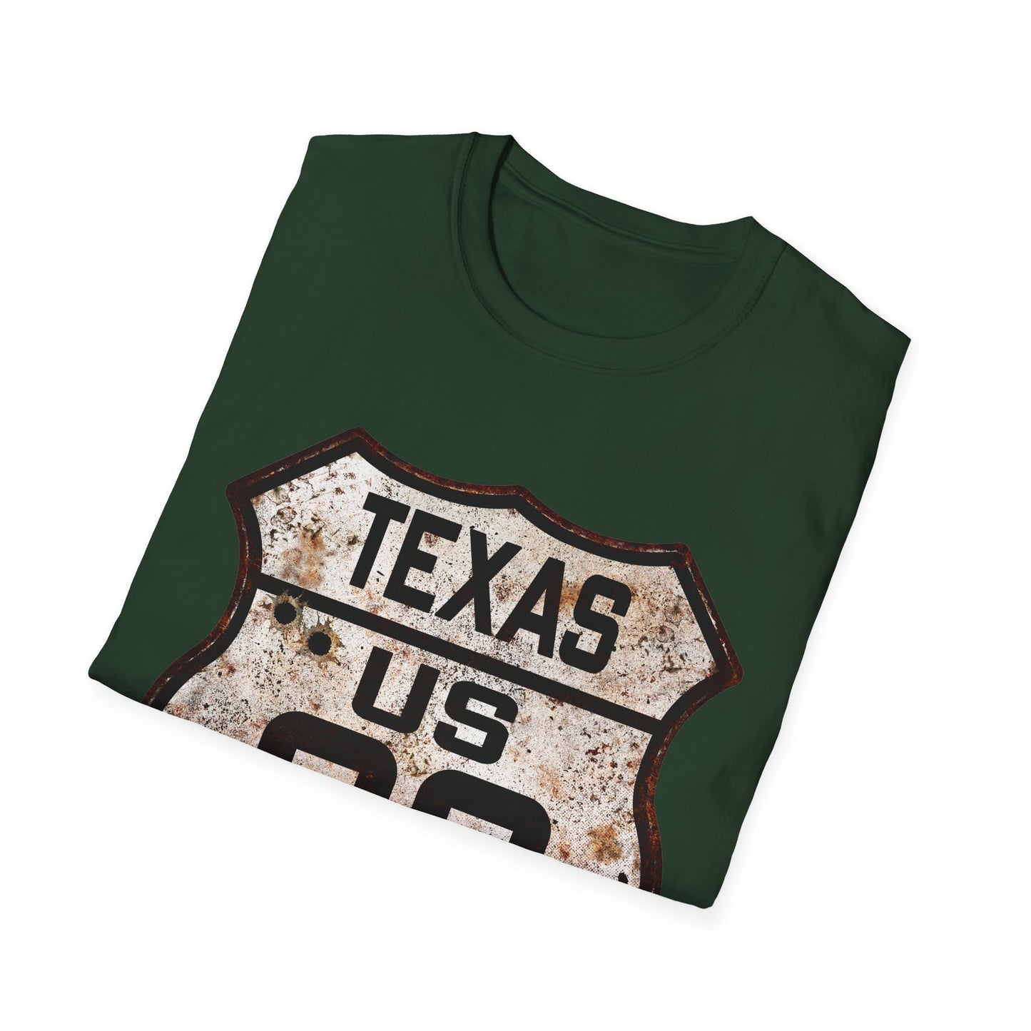 Vintage Texas Route 66 Tee, Rusty Look with Bullet Holes on Route 66 Shield Unisex Softstyle T-Shirt