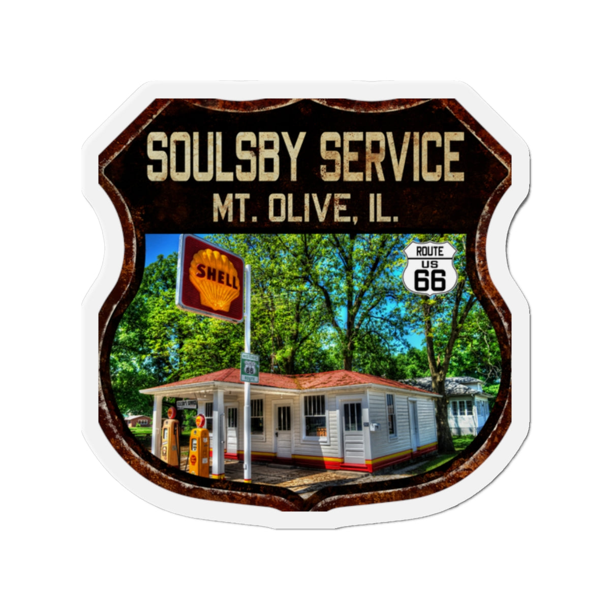 Vintage Rusty Soulsby Service Station Die-Cut Magnet - Route 66 Highway Shield Illinois