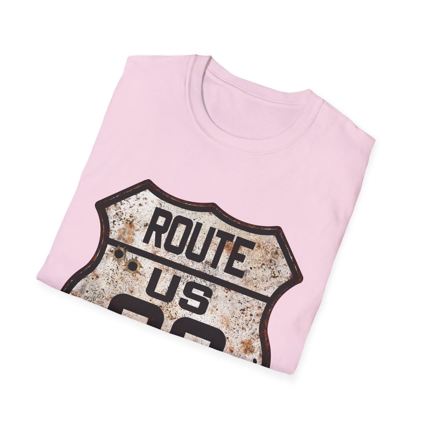 VIntage Route 66 Tee, Rusty Look with Bullet Holes on Route 66 Shield Unisex Softstyle T-Shirt