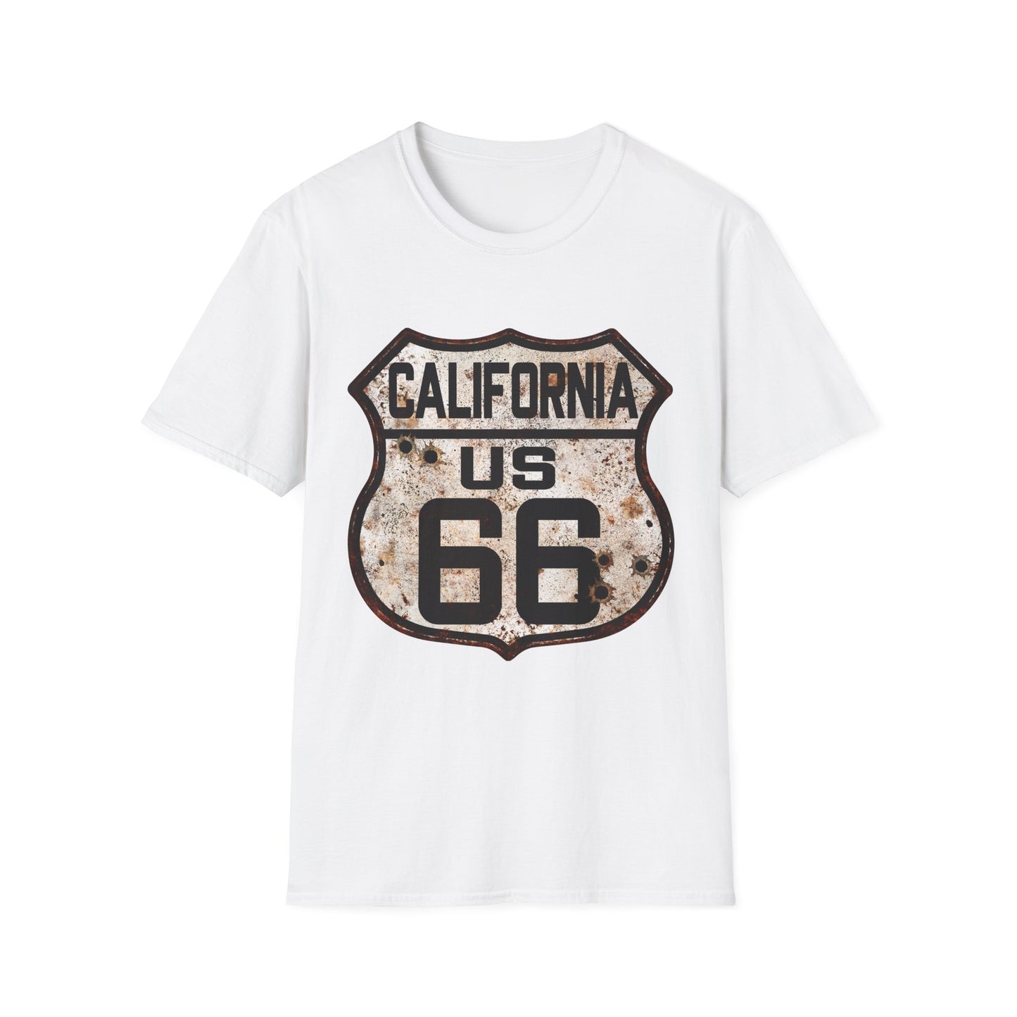 Vintage California Route 66 Tee, Rusty Look with Bullet Holes on Route 66 Shield Unisex Softstyle T-Shirt