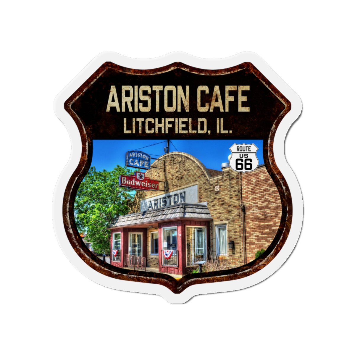 Vintage Ariston Cafe Die-Cut Magnet - Route 66 Highway Shield Illinois