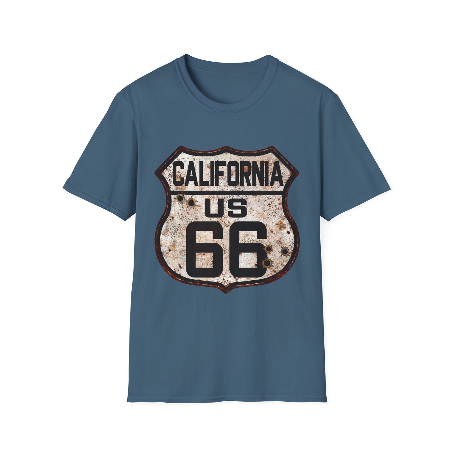 Vintage California Route 66 Tee, Rusty Look with Bullet Holes on Route 66 Shield Unisex Softstyle T-Shirt