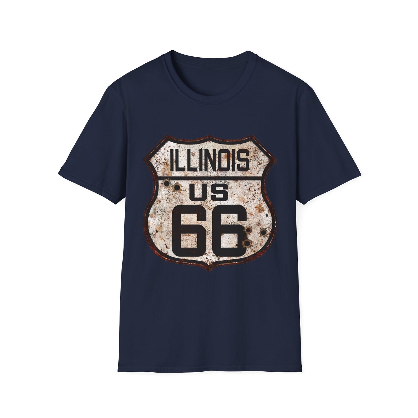 Vintage Illinois Route 66 Tee, Rusty Look with Bullet Holes on Route 66 Shield Unisex Softstyle T-Shirt