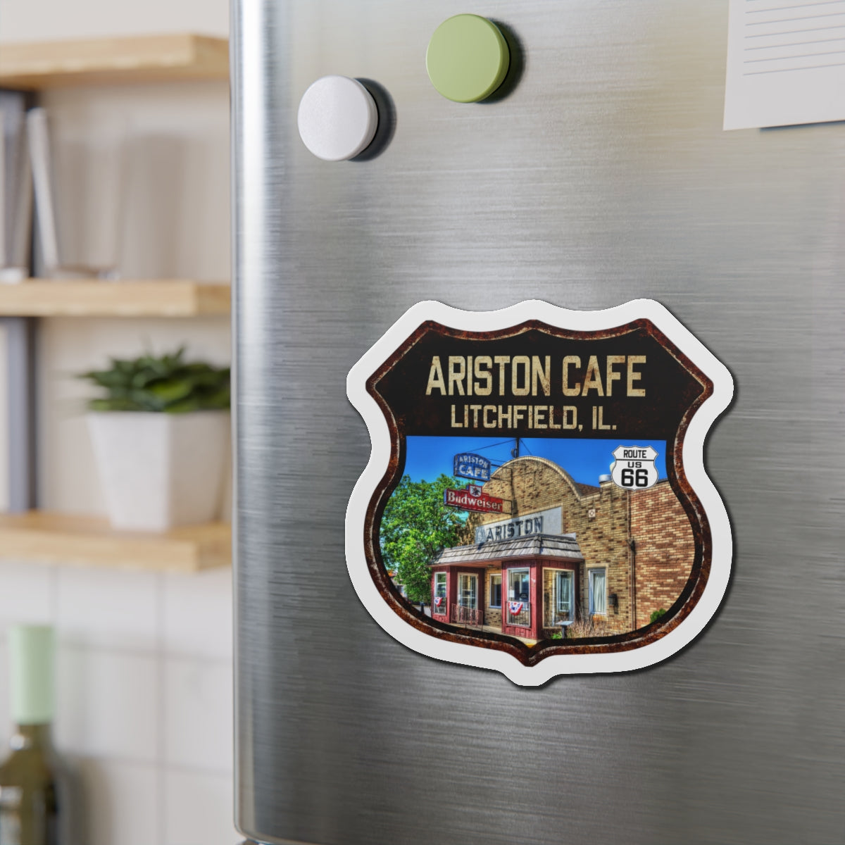 Vintage Ariston Cafe Die-Cut Magnet - Route 66 Highway Shield Illinois