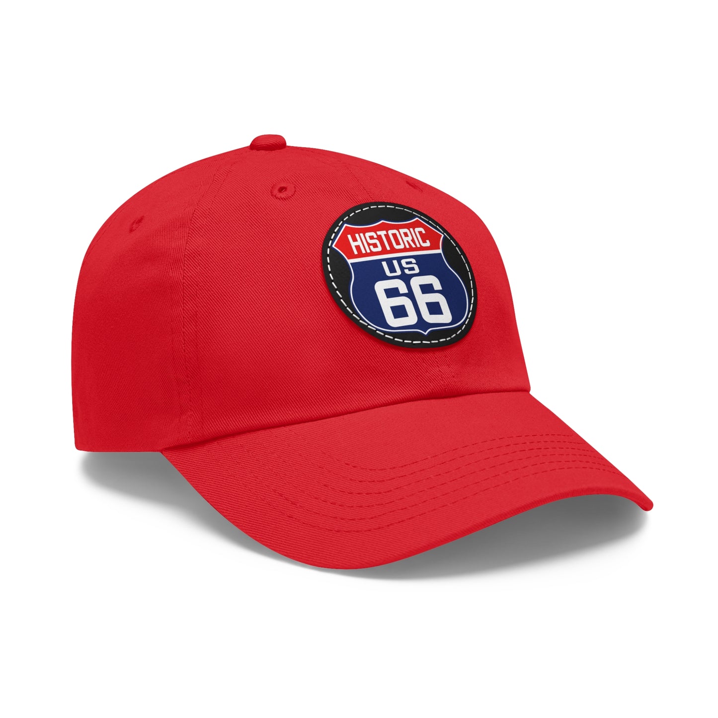 Route 66 Inspired Dad Hat in Red, White and Blue Dad Hat with Leather Patch (Round)