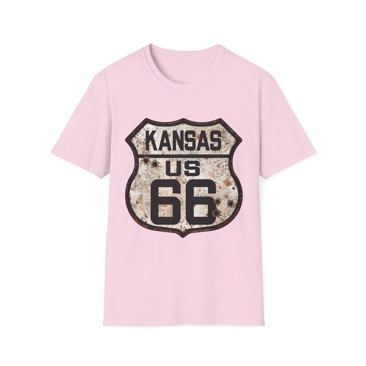 Vintage Kansas Route 66 Tee, Rusty Look with Bullet Holes on Route 66 Shield Unisex Softstyle T-Shirt