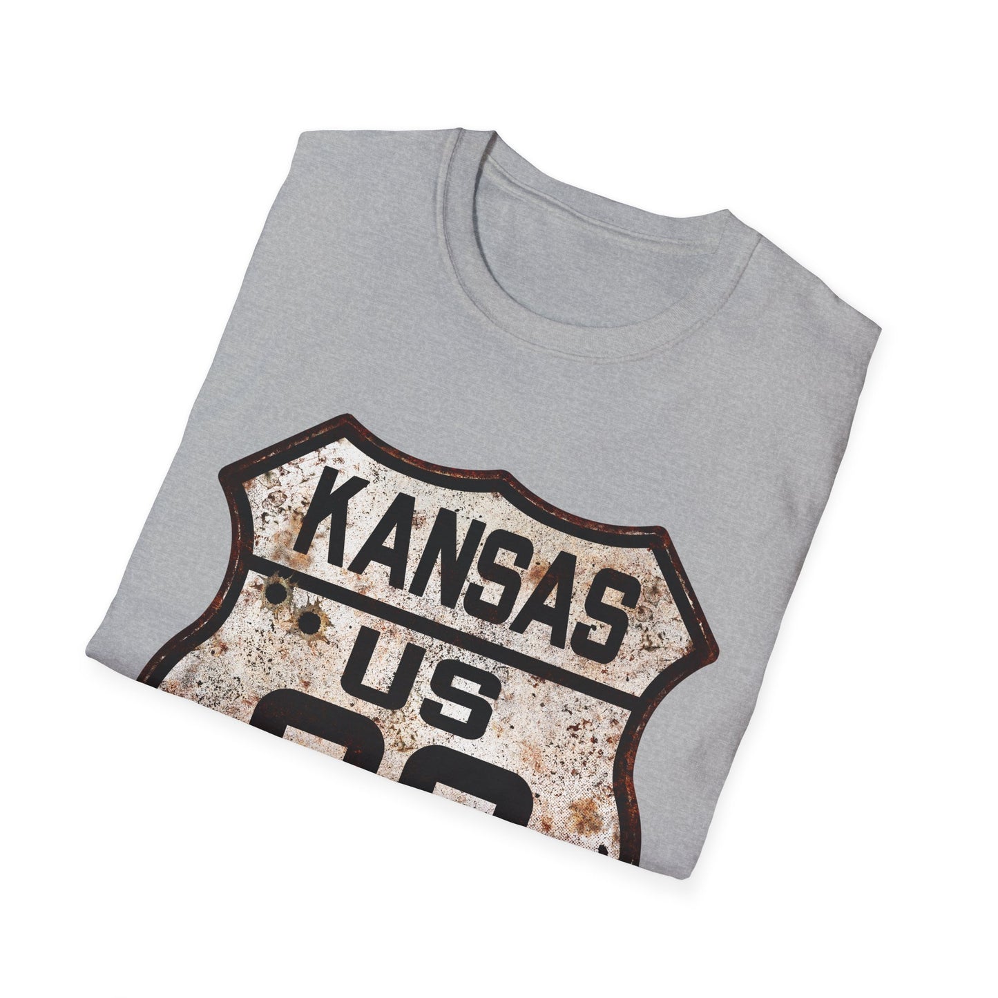 Vintage Kansas Route 66 Tee, Rusty Look with Bullet Holes on Route 66 Shield Unisex Softstyle T-Shirt