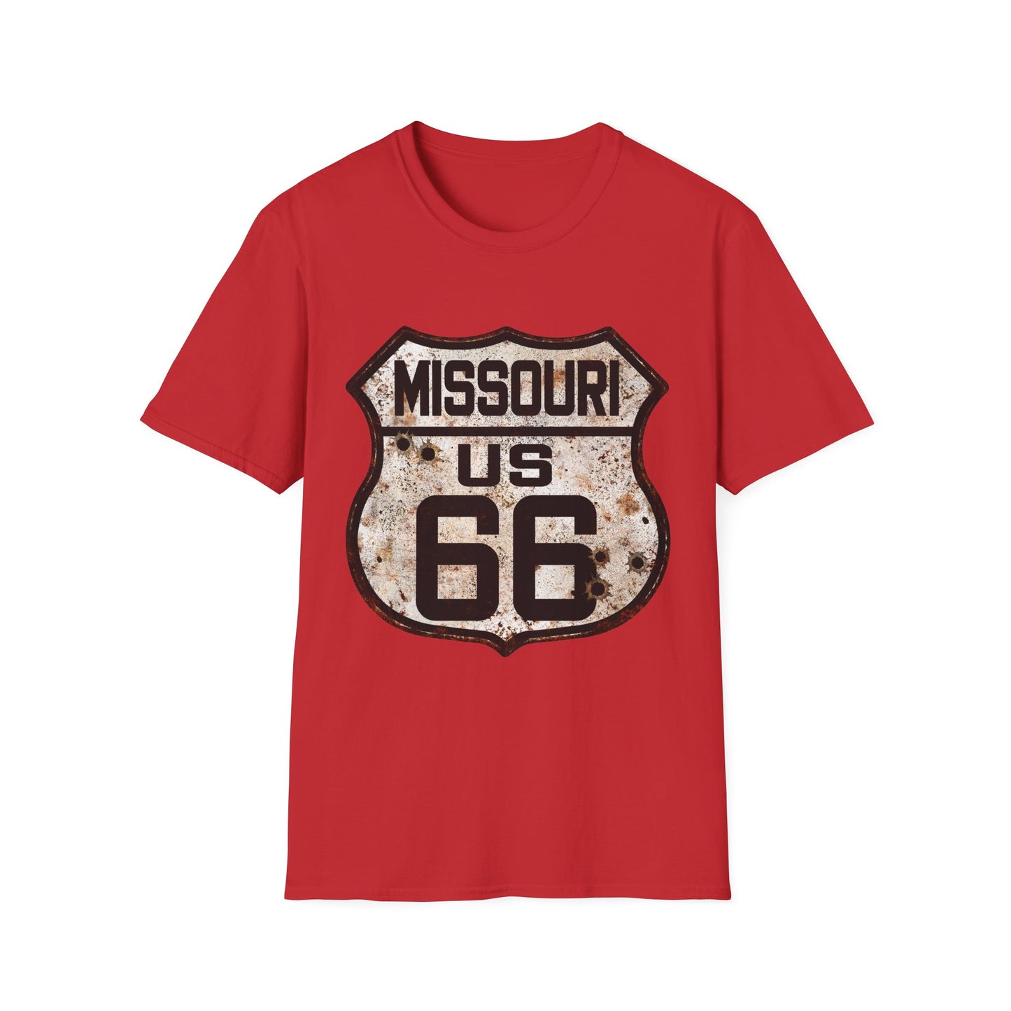 Vintage Missouri Route 66 Tee, Rusty Look with Bullet Holes on Route 66 Shield Unisex Softstyle T-Shirt