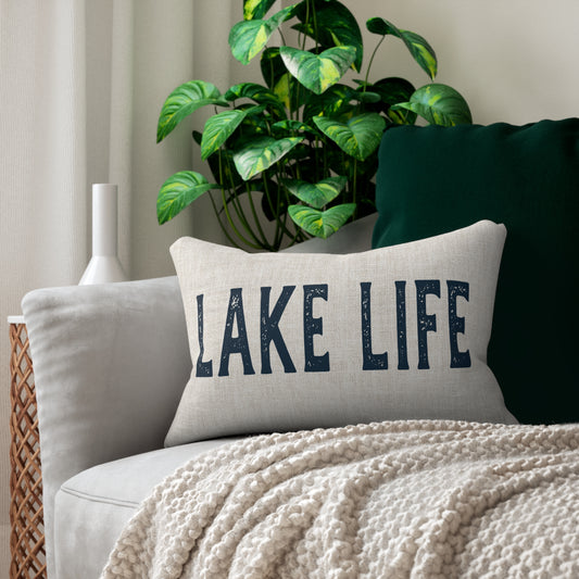 White Burlap Lake Life Rustic Cabin Lake House Lumbar Pillow Spun Polyester Lumbar Pillow