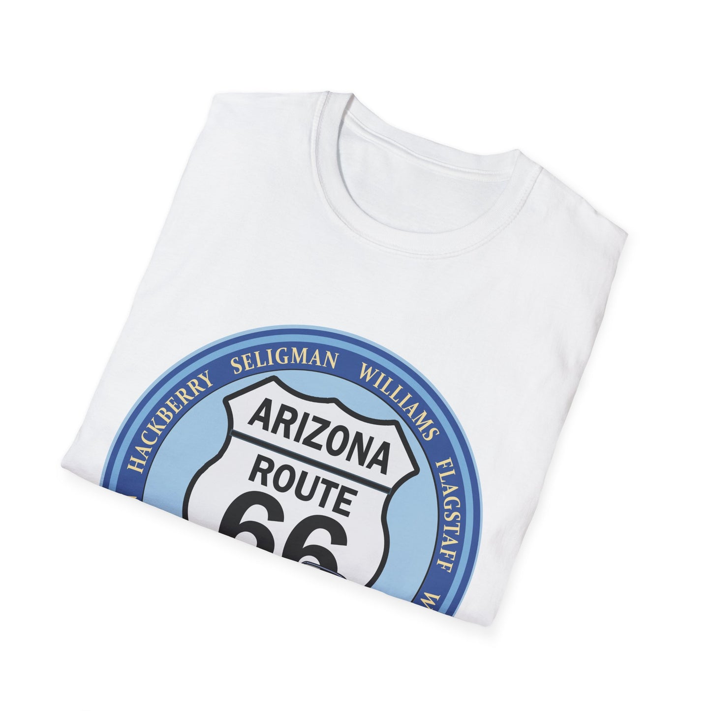 Arizona Route 66 Tee Round Route 66 Sign with City Names Unisex Softstyle T-Shirt