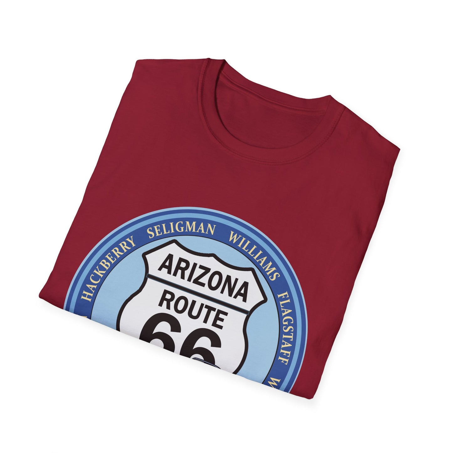 Arizona Route 66 Tee Round Route 66 Sign with City Names Unisex Softstyle T-Shirt