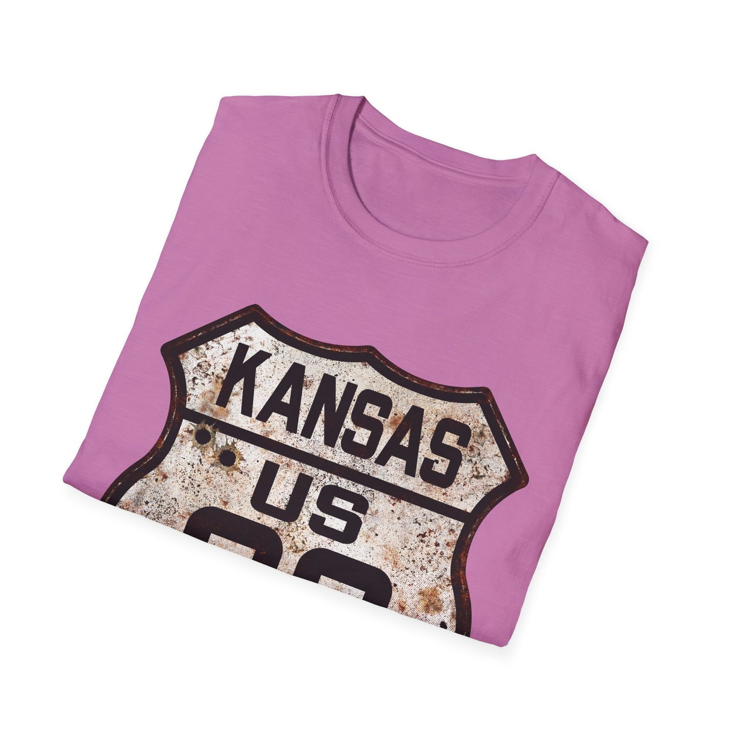 Vintage Kansas Route 66 Tee, Rusty Look with Bullet Holes on Route 66 Shield Unisex Softstyle T-Shirt