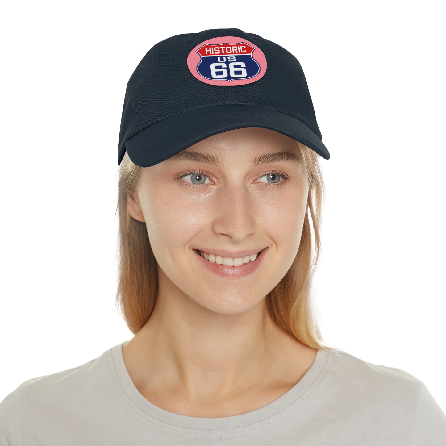 Route 66 Inspired Dad Hat in Red, White and Blue Dad Hat with Leather Patch (Round)