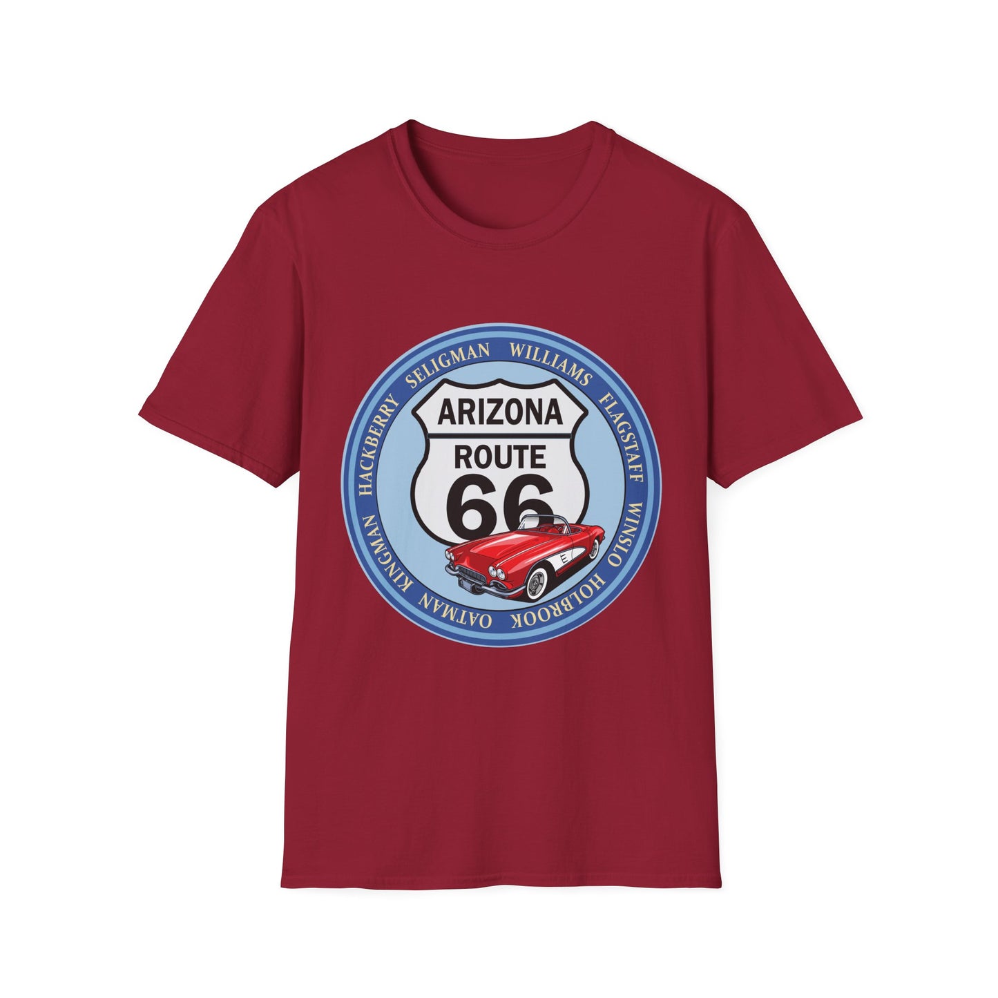 Arizona Route 66 Tee Round Route 66 Sign with City Names Unisex Softstyle T-Shirt