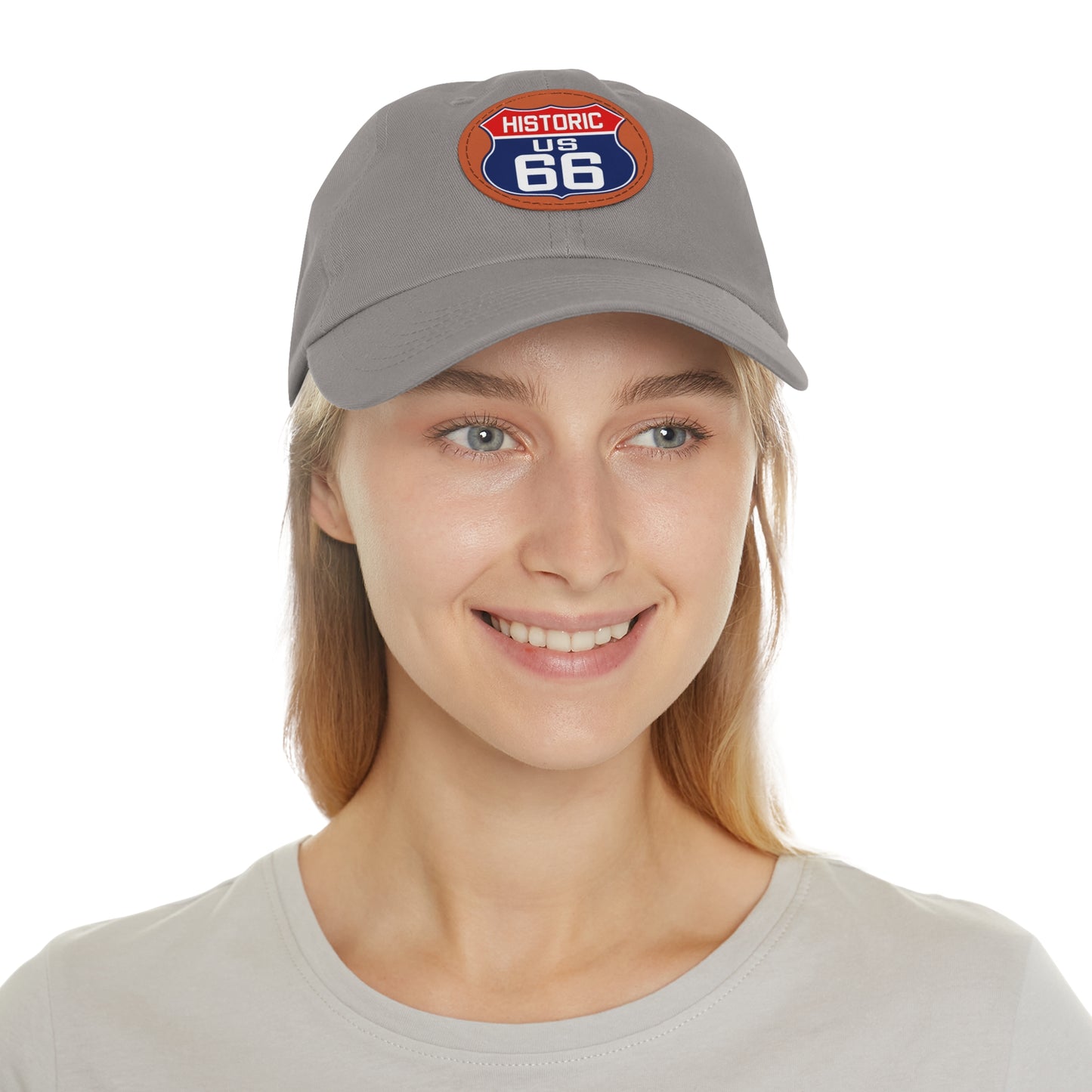 Route 66 Inspired Dad Hat in Red, White and Blue Dad Hat with Leather Patch (Round)