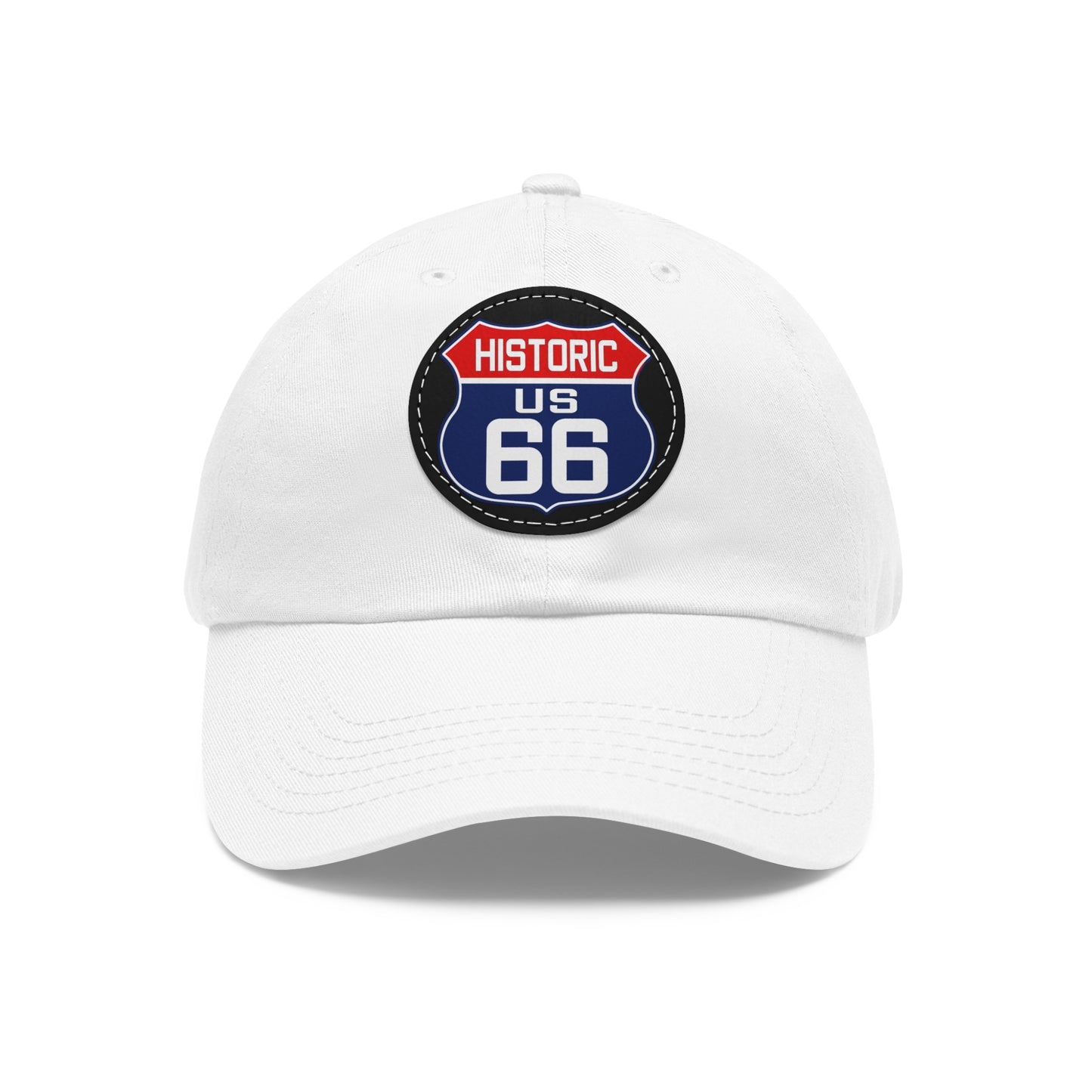 Route 66 Inspired Dad Hat in Red, White and Blue Dad Hat with Leather Patch (Round)