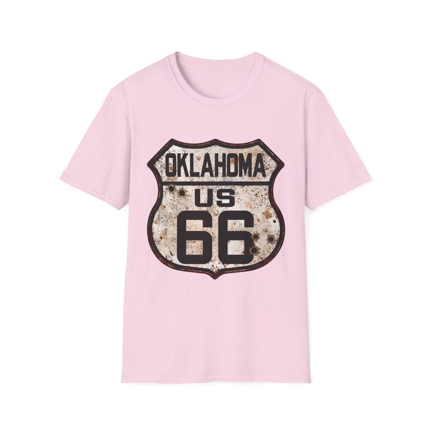 Vintage Oklahoma Route 66 Tee, Rusty Look with Bullet Holes on Route 66 Shield Unisex Softstyle T-Shirt