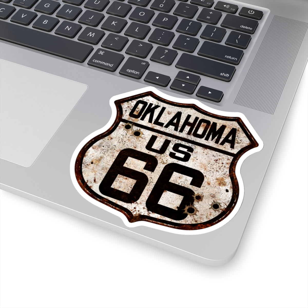 Sticker Vintage Oklahoma Route 66 Shield with Bullet Holes Kiss-Cut Stickers