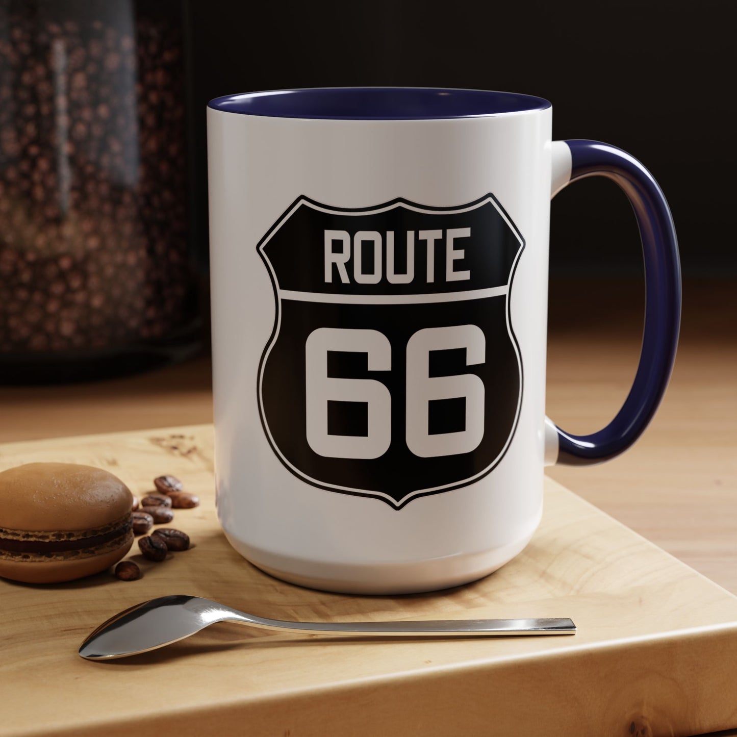 Coffee Mug Black and White Route 66 Highway Shield Design