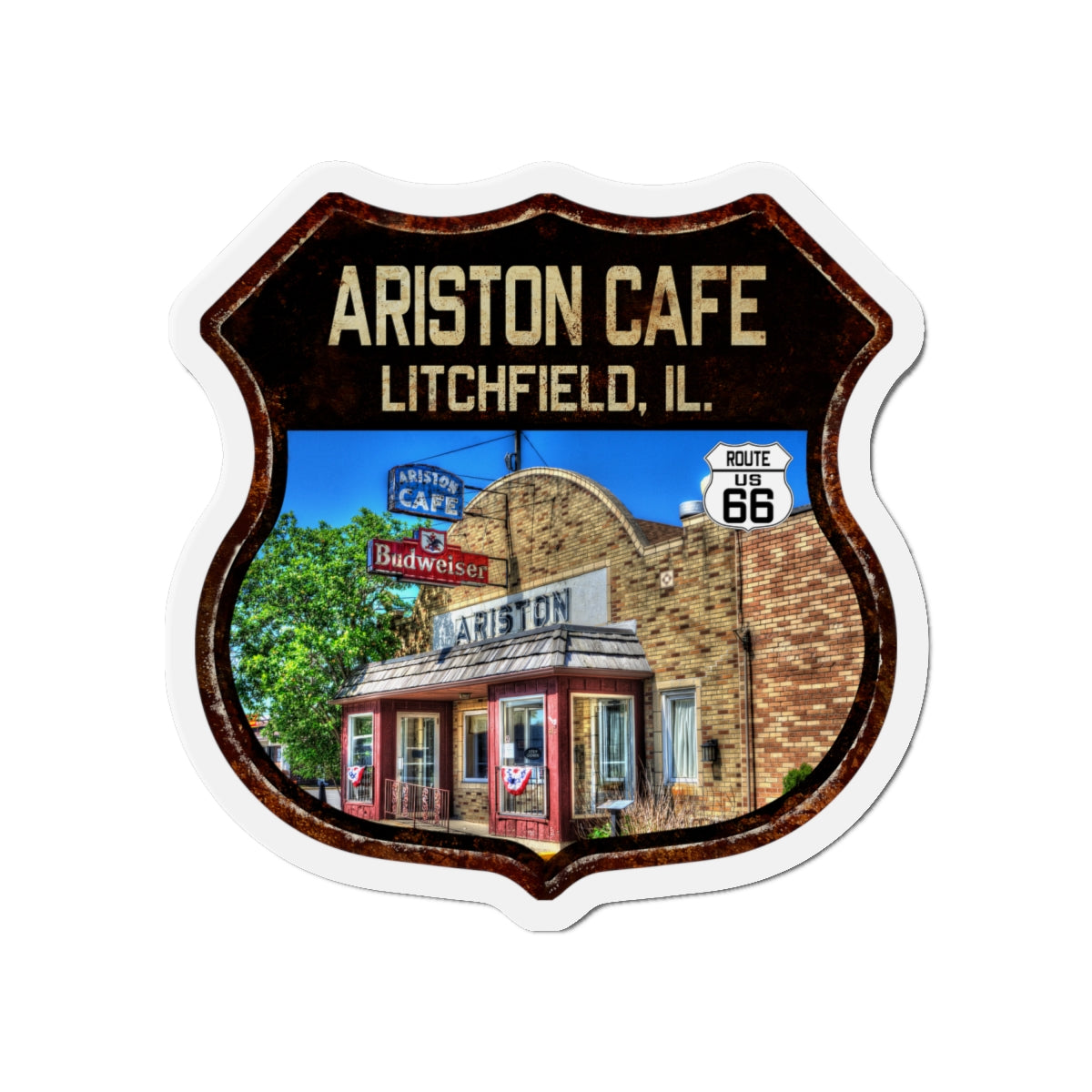 Vintage Ariston Cafe Die-Cut Magnet - Route 66 Highway Shield Illinois