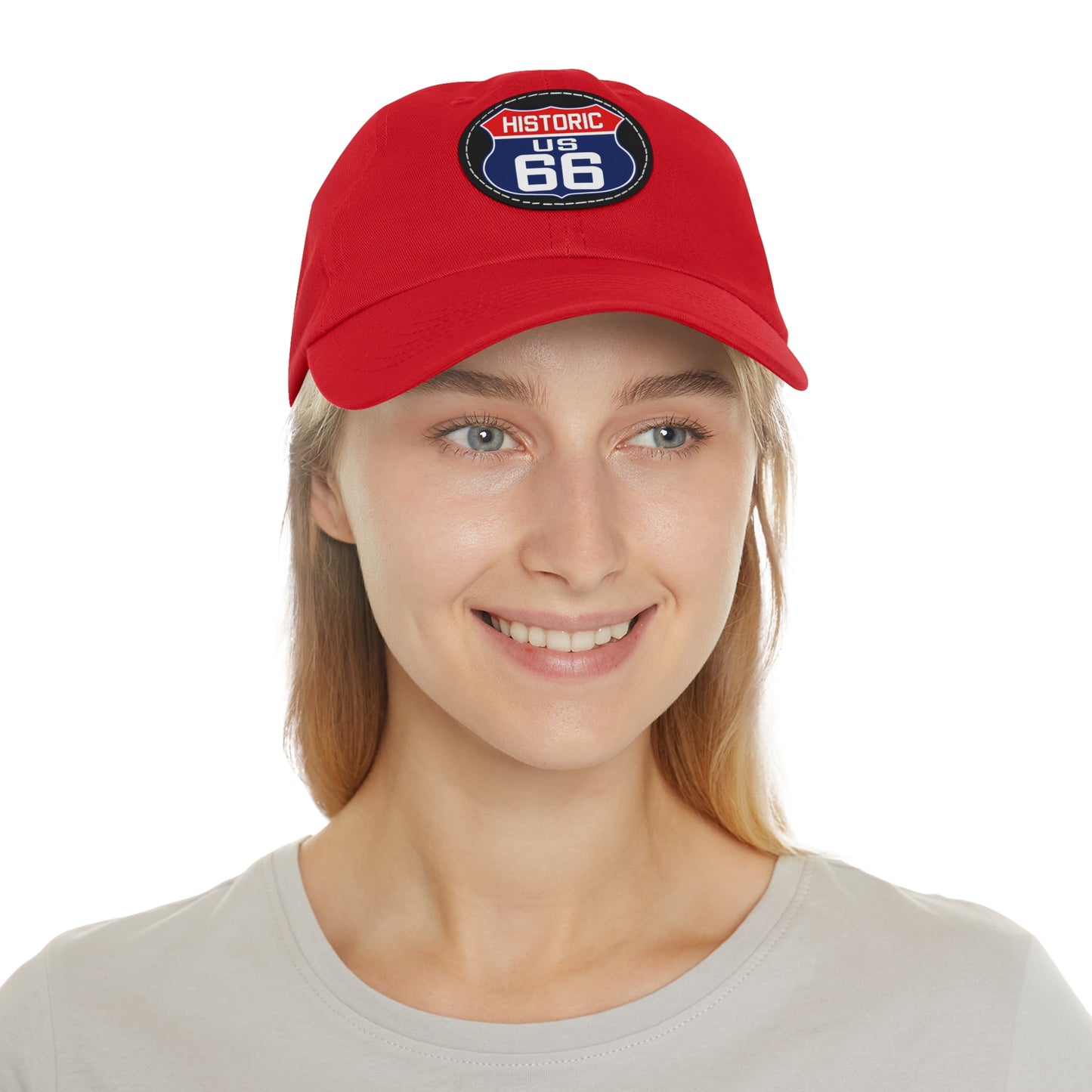 Route 66 Inspired Dad Hat in Red, White and Blue Dad Hat with Leather Patch (Round)