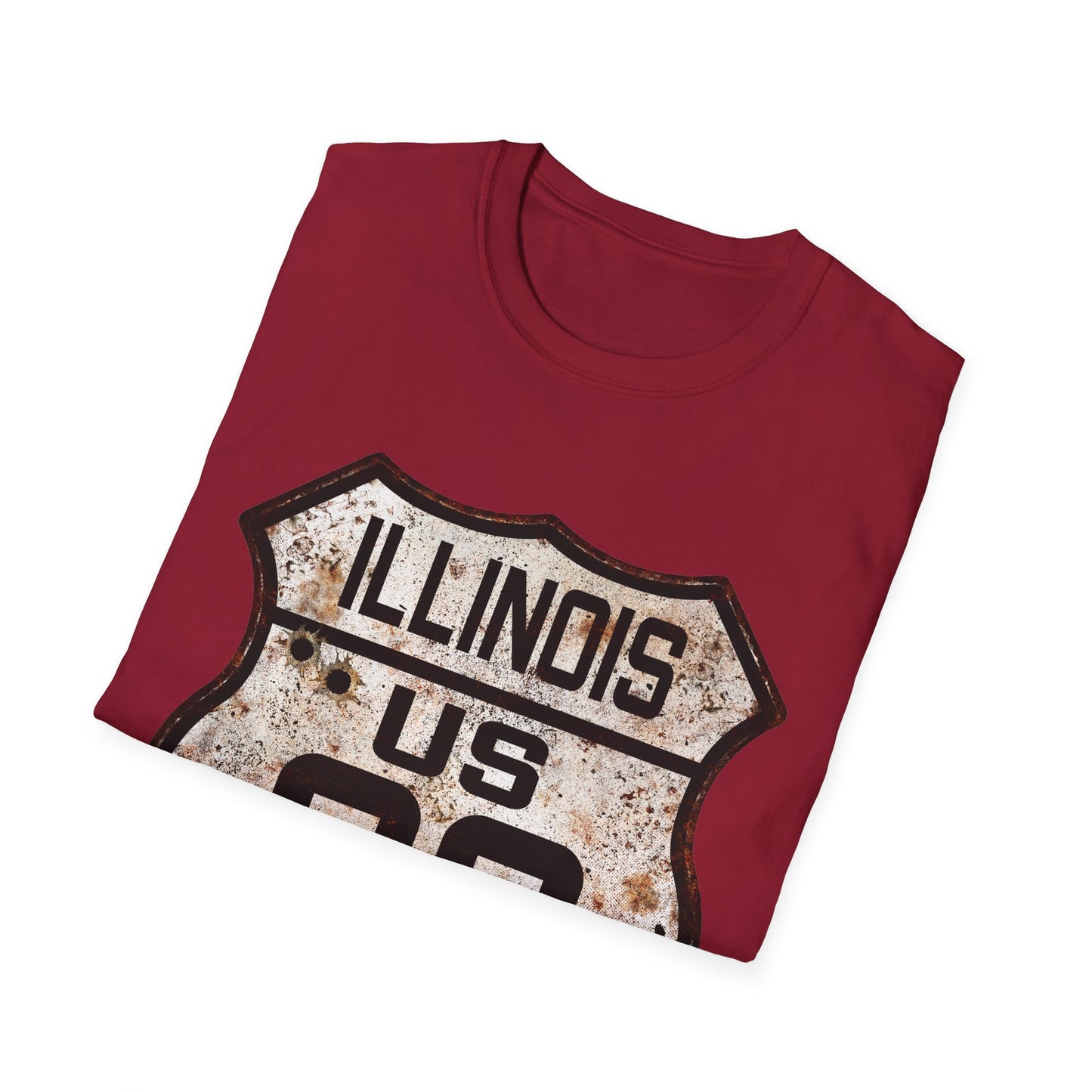 Vintage Illinois Route 66 Tee, Rusty Look with Bullet Holes on Route 66 Shield Unisex Softstyle T-Shirt