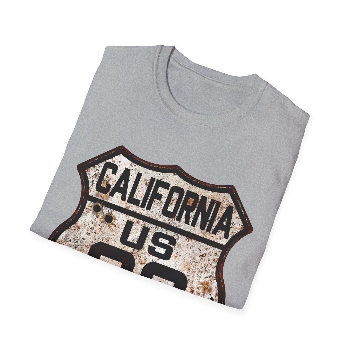 Vintage California Route 66 Tee, Rusty Look with Bullet Holes on Route 66 Shield Unisex Softstyle T-Shirt