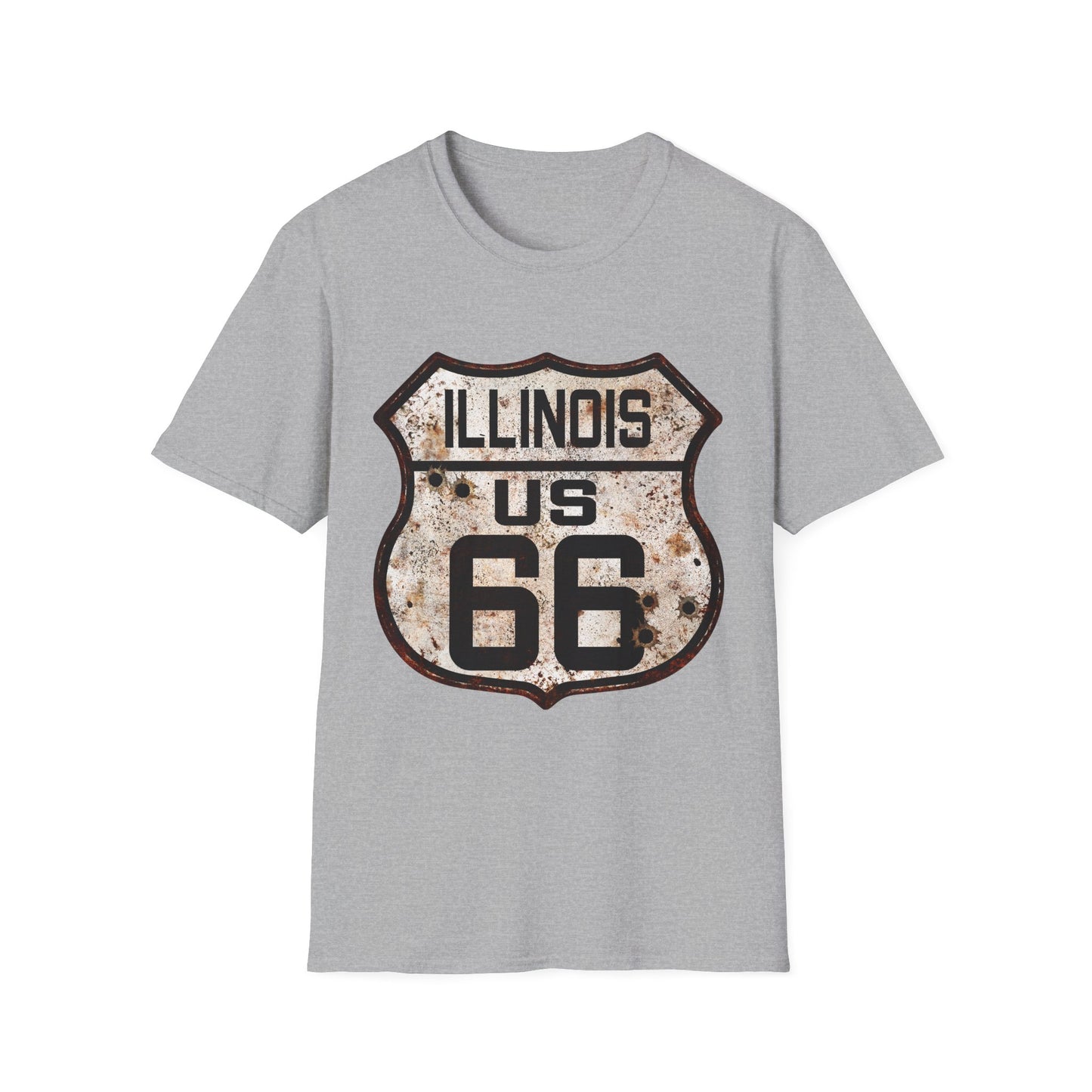 Vintage Illinois Route 66 Tee, Rusty Look with Bullet Holes on Route 66 Shield Unisex Softstyle T-Shirt