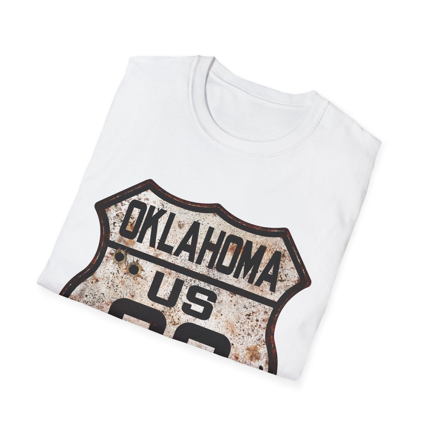 Vintage Oklahoma Route 66 Tee, Rusty Look with Bullet Holes on Route 66 Shield Unisex Softstyle T-Shirt