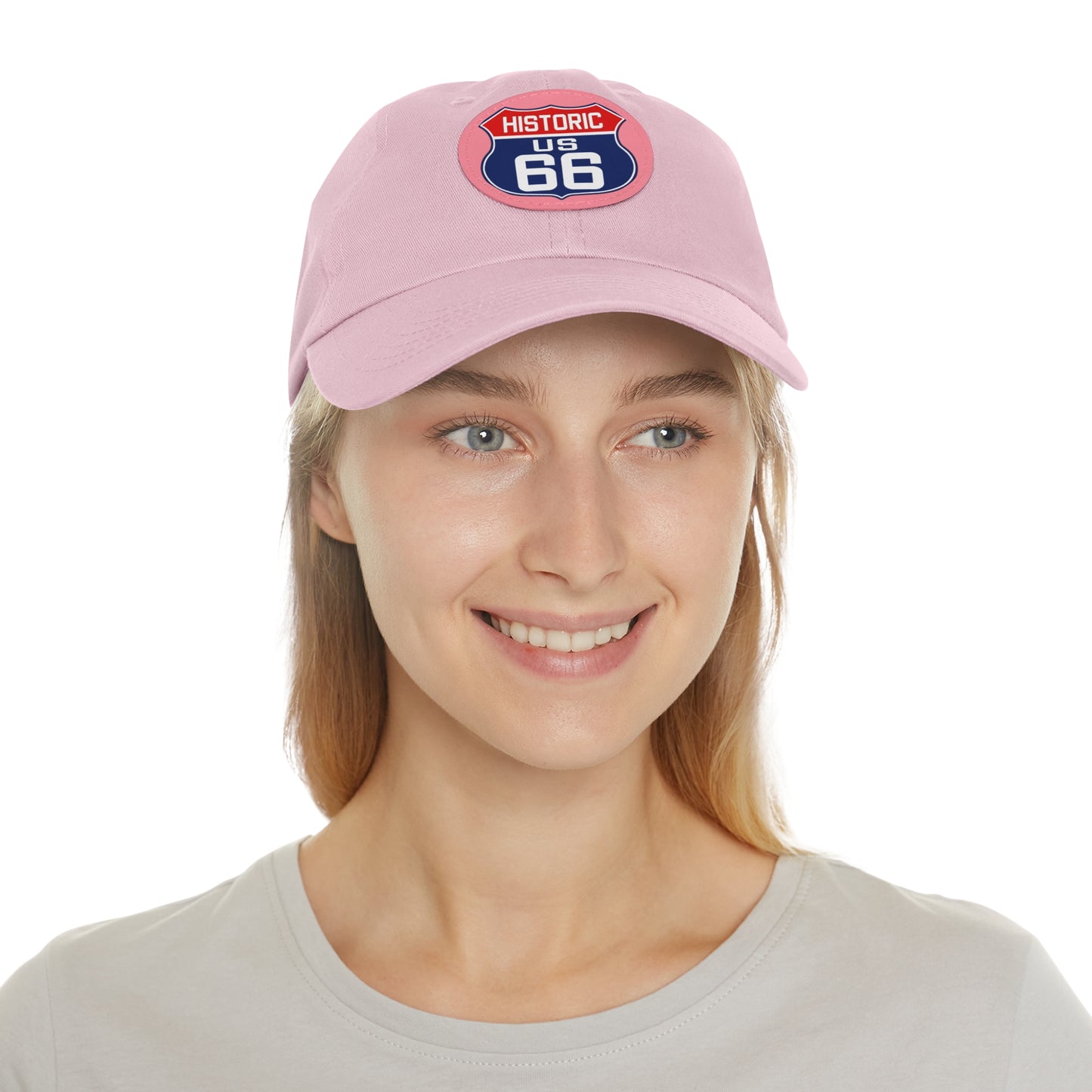 Route 66 Inspired Dad Hat in Red, White and Blue Dad Hat with Leather Patch (Round)