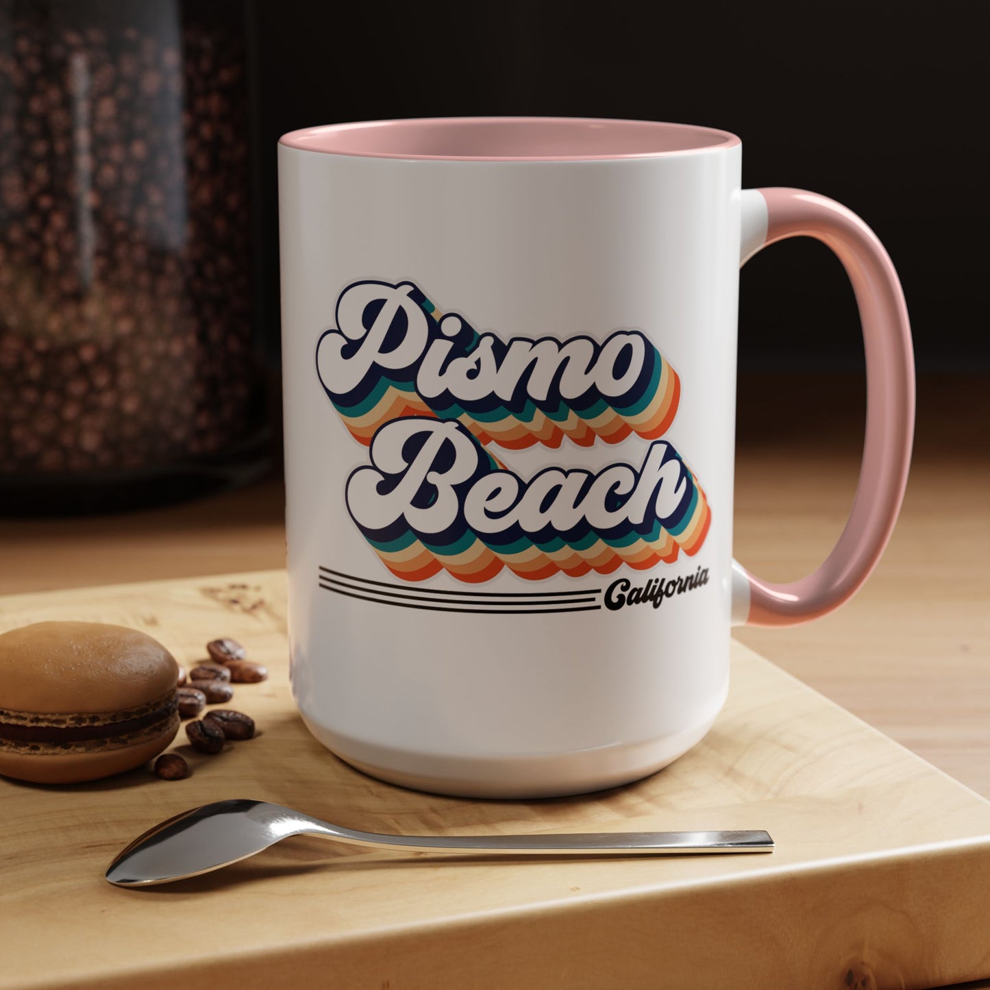 Coffee Mug, Pismo Beach Retro 80s Vibe Big Text, Tea Cup, Hot Chocolate Mug, Unique Gift for Beach Lovers, Birthday Gift for Coffee