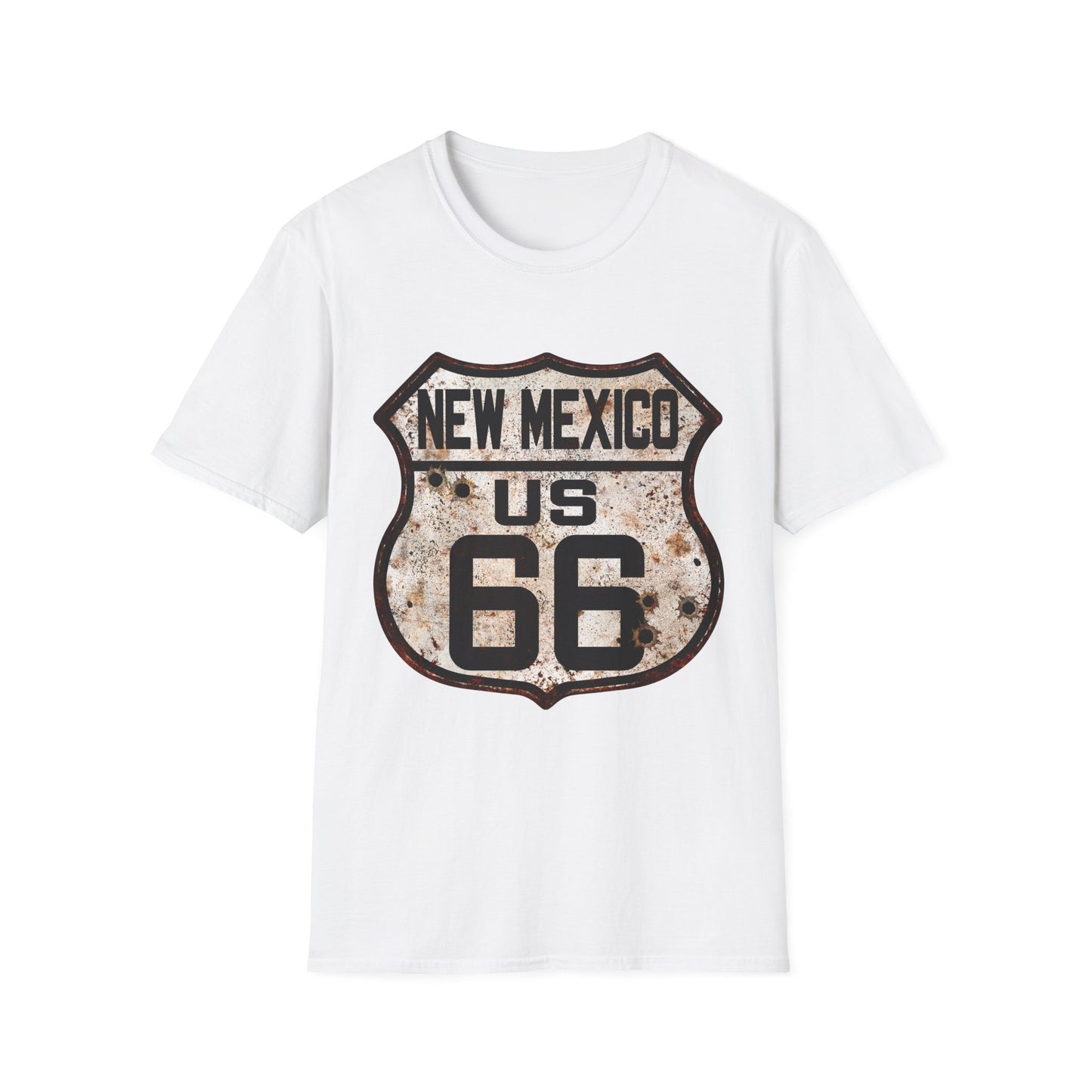 Vintage New Mexico Route 66 Tee, Rusty Look with Bullet Holes on Route 66 Shield Unisex Softstyle T-Shirt