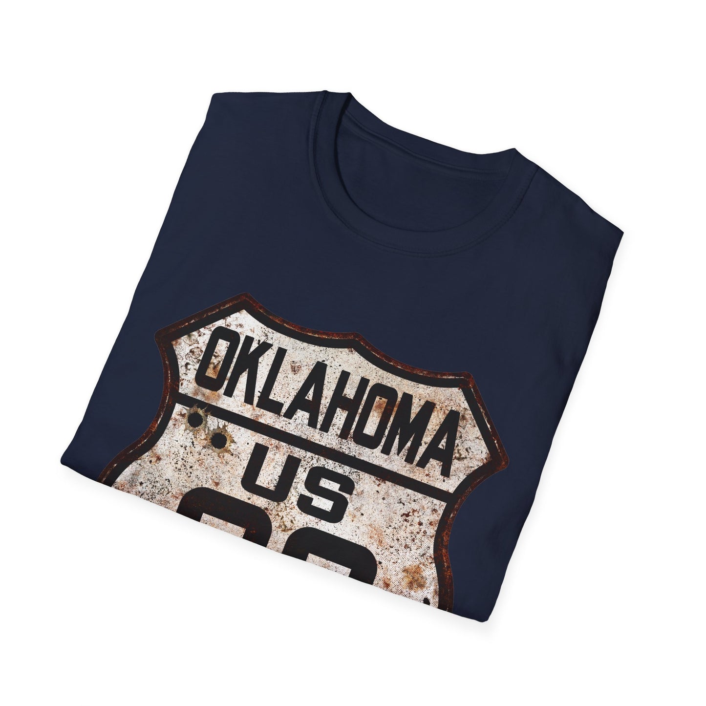 Vintage Oklahoma Route 66 Tee, Rusty Look with Bullet Holes on Route 66 Shield Unisex Softstyle T-Shirt